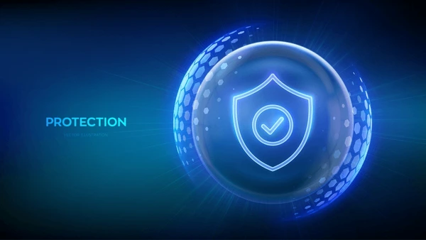 Illustration of hacking with a shield and checkmark